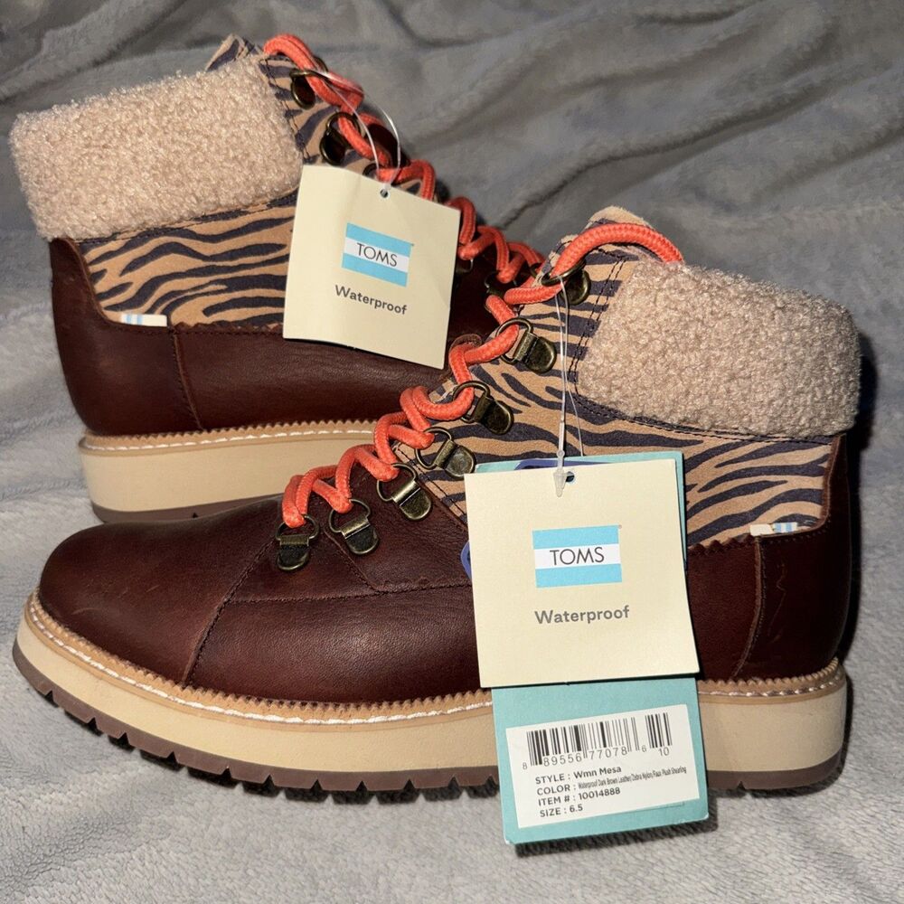 TOMS Mesa Waterproof Boots Dark Brown Leather & Zebra Print Size 6.5 New